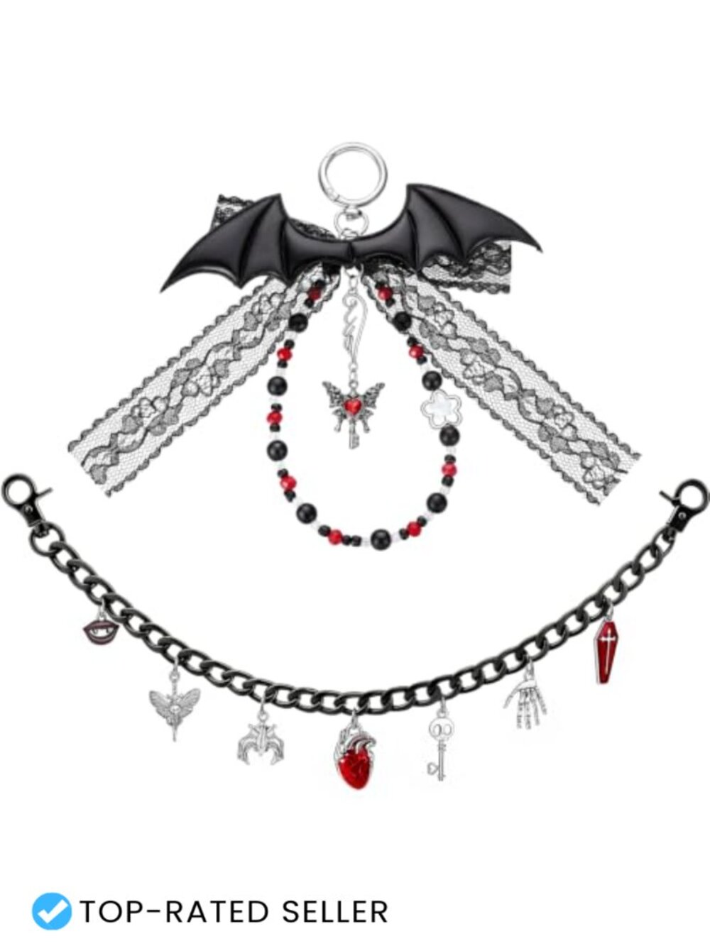 Gothic Y2K Bow Bag Charms Keychain Set with Bat Heart Charms - Purse Accessories